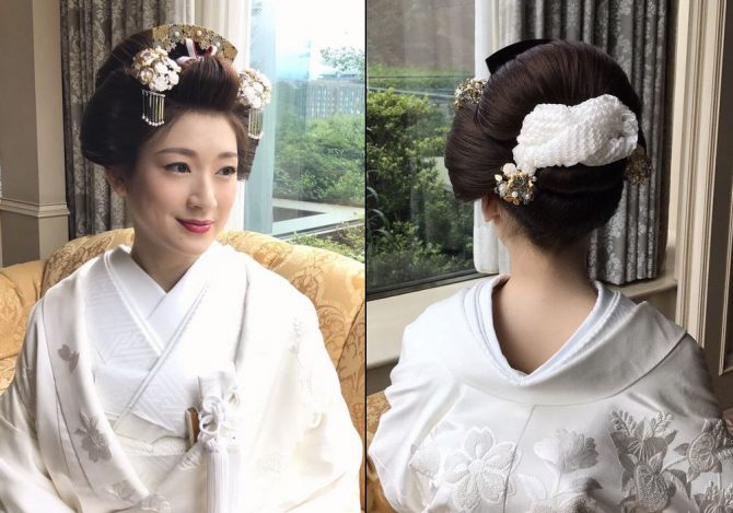 伝統的な日本髪風に地毛結いで仕上げたヘアスタイル